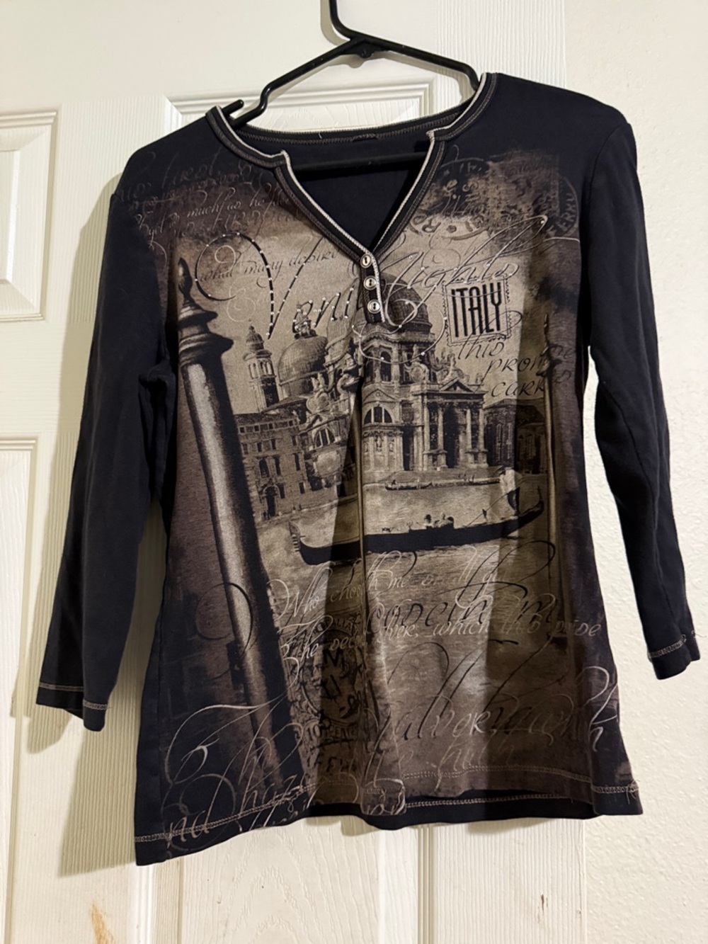 Black Long Sleeve Henley Top with Taupe Italy Graphic